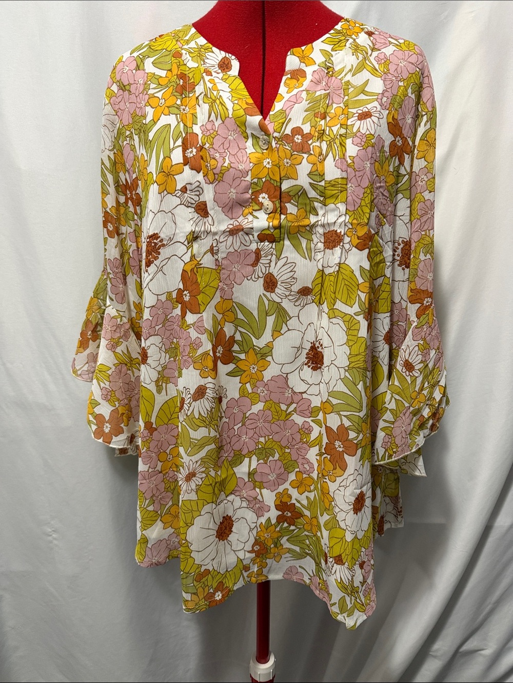 Women's Floral Split-Neck Tunic in White, Pink & Mustard